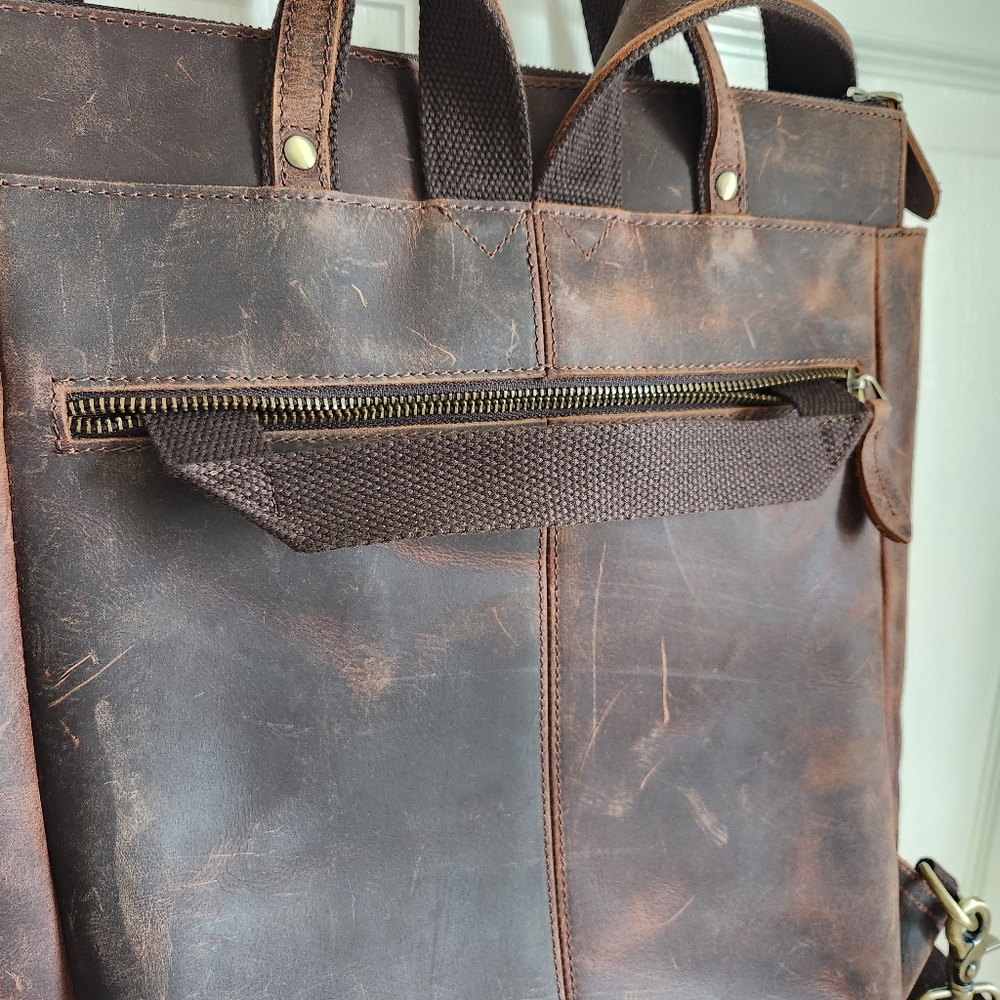 Leather Backpack Tote in Distressed Brown - Picture 9 of 16